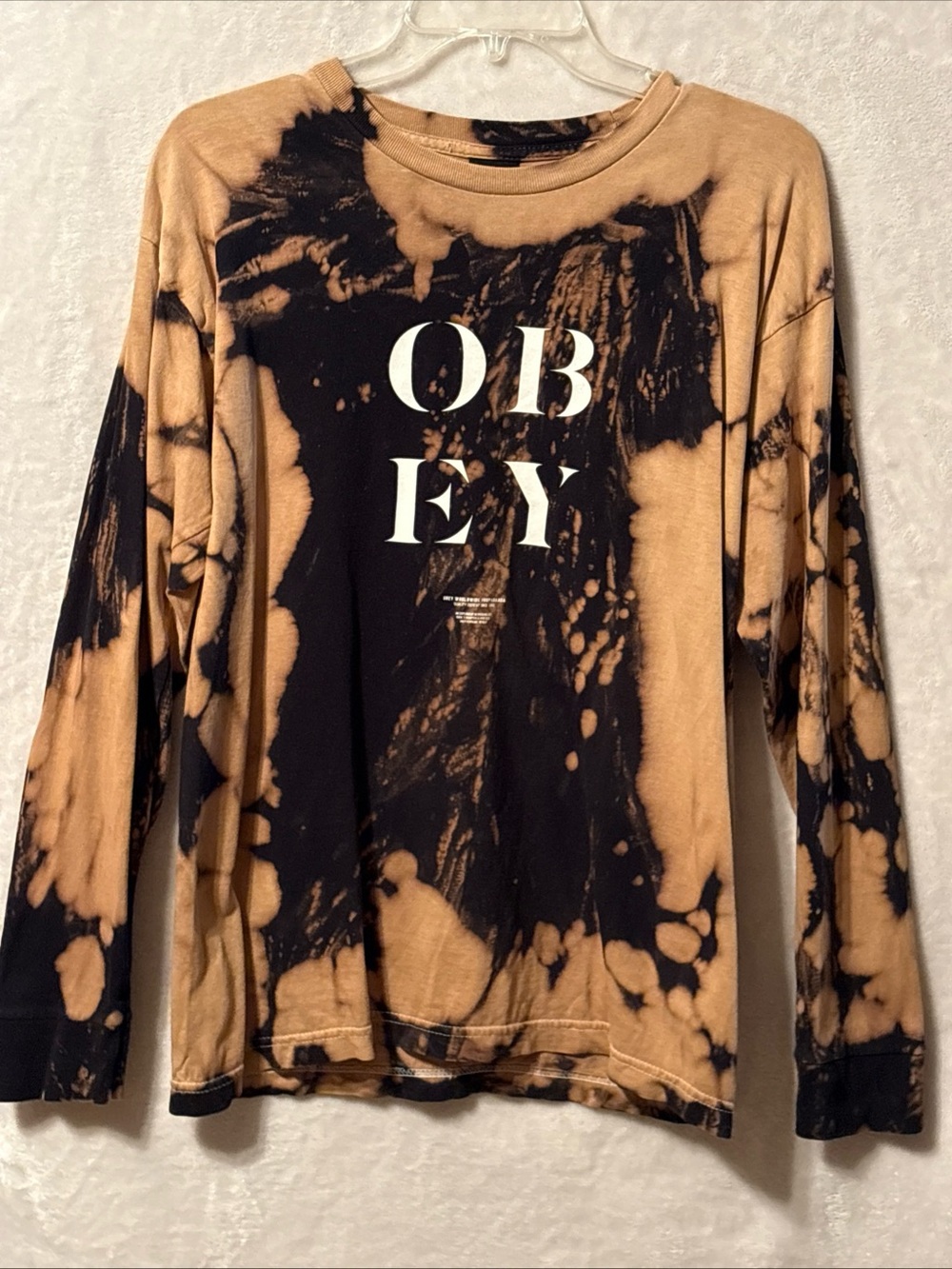 Obey Black and Tan bleach Tie-Dye Long Sleeve Graphic Tee - Bold Logo